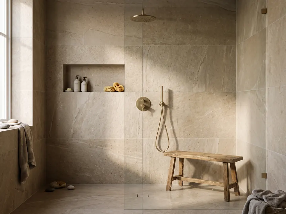 Douche avec paroi en verre et faïence murale