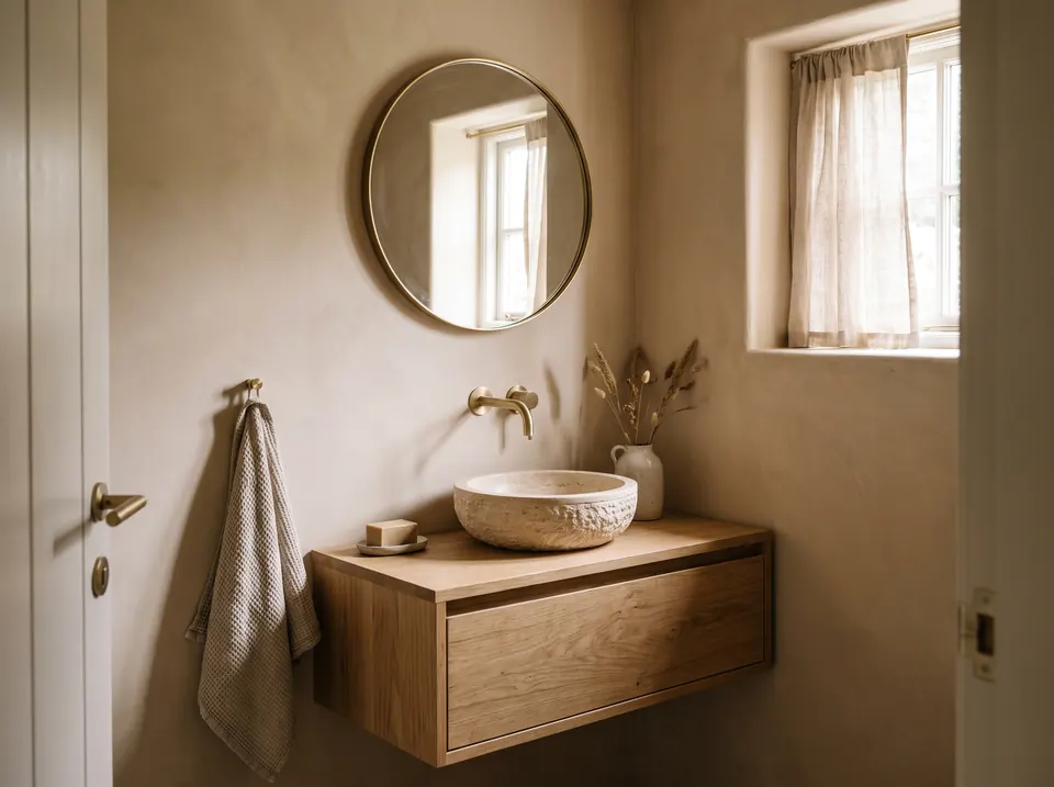 Petite salle de bain avec meuble de lavabo
