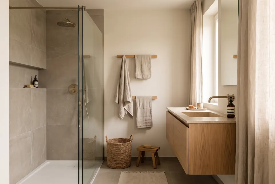 Salle de bain avec douche à l'italienne et paroi en verre