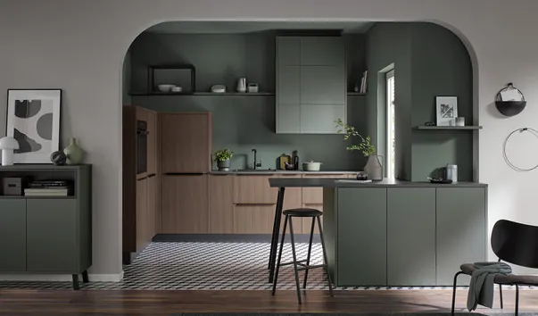 Cuisine verte avec accents en noyer