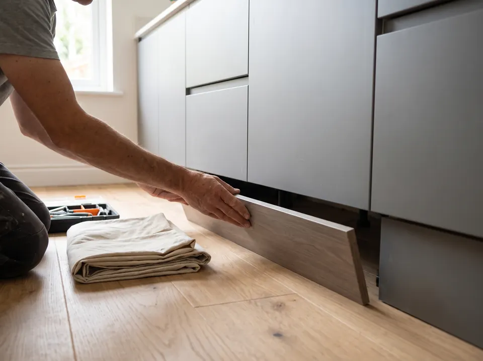 Détail d'une plinthe finie sous une armoire de cuisine