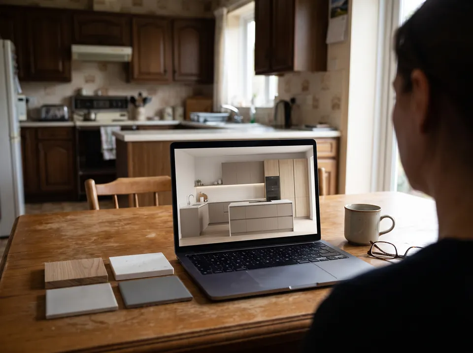 Ordinateur portable montrant une cuisine en 3D sur la table du client