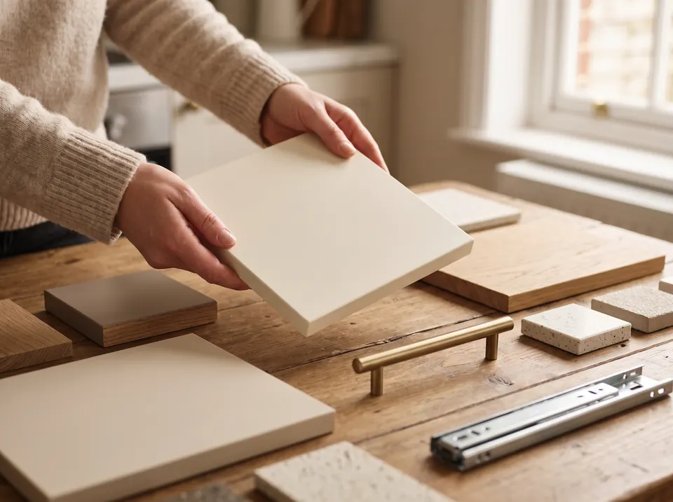 Échantillons de façades et de plans de travail sur une table de cuisine